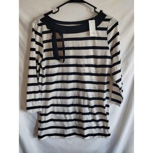LOFT White Striped 3/4 Sleeve Tshirt Accent Bow Size Medium NWT